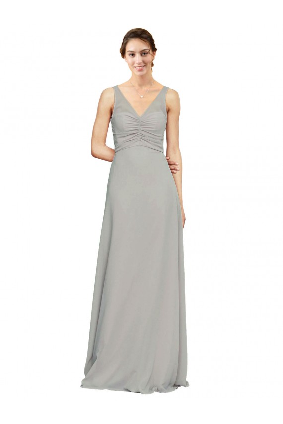 Outlet Argent Trapèze Col V Mousseline Longue Robes demoiselle d'honneur