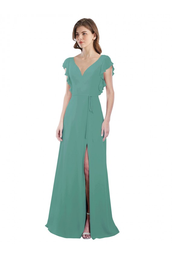 Outlet Argent islandais Trapèze Col V Mousseline Longue Robes demoiselle d'honneur