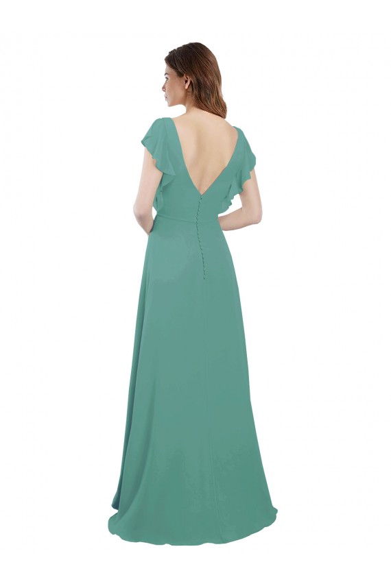 Outlet Argent islandais Trapèze Col V Mousseline Longue Robes demoiselle d'honneur