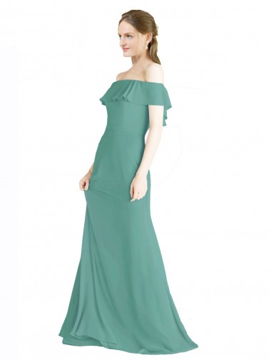 Outlet Argent islandais Trapèze Épaule Dénudée Mousseline Longue Robes demoiselle d'honneur