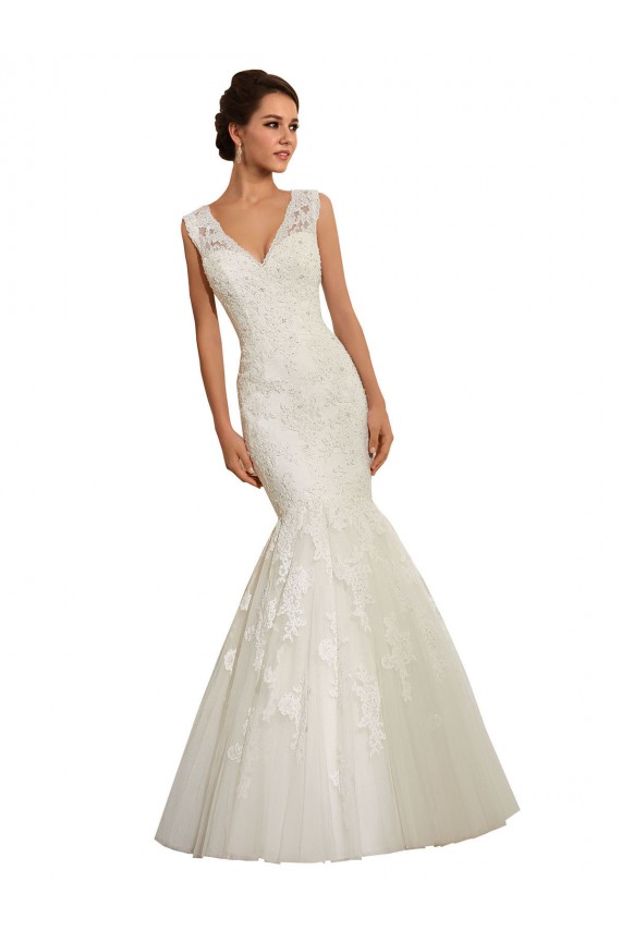 Outlet Blanc Sirène Col V Tulle Dentelle Robes de mariée