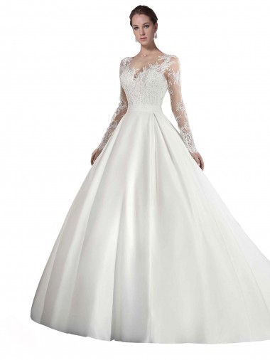 Outlet Blanc Trapèze Illusion Traîne cathédrale Satiné Dentelle Robes de mariée