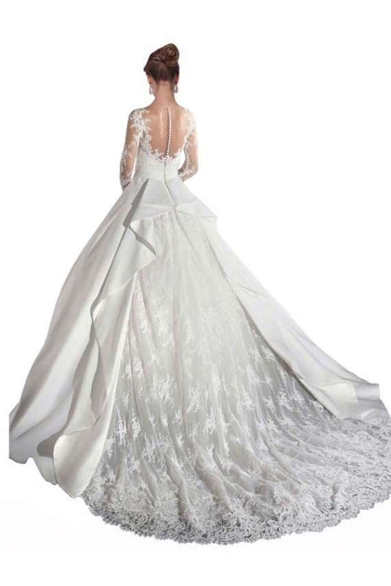 Outlet Blanc Trapèze Illusion Traîne cathédrale Satiné Dentelle Robes de mariée