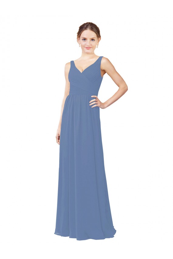Outlet Bleu Windsor Fourreau Col V Mousseline Longue Robes demoiselle d'honneur