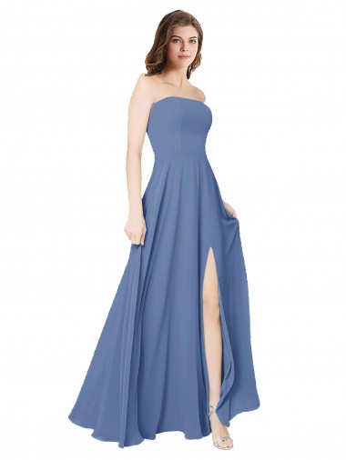 Outlet Bleu Windsor Trapèze Sans bretelle Mousseline Longue Robes demoiselle d'honneur