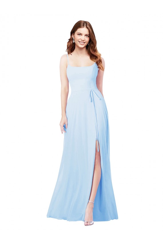 Outlet Bleu ciel clair Fourreau Bretelles spaghetti Col Carré Mousseline Longue Robes demoiselle d'honneur