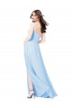 Outlet Bleu ciel clair Fourreau Bretelles spaghetti Col Carré Mousseline Longue Robes demoiselle d'honneur