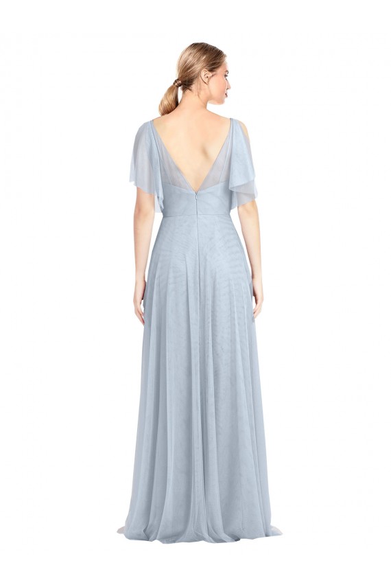 Outlet Bleu ciel clair Trapèze Bretelles spaghetti Col V Tulle Longue Robes demoiselle d'honneur