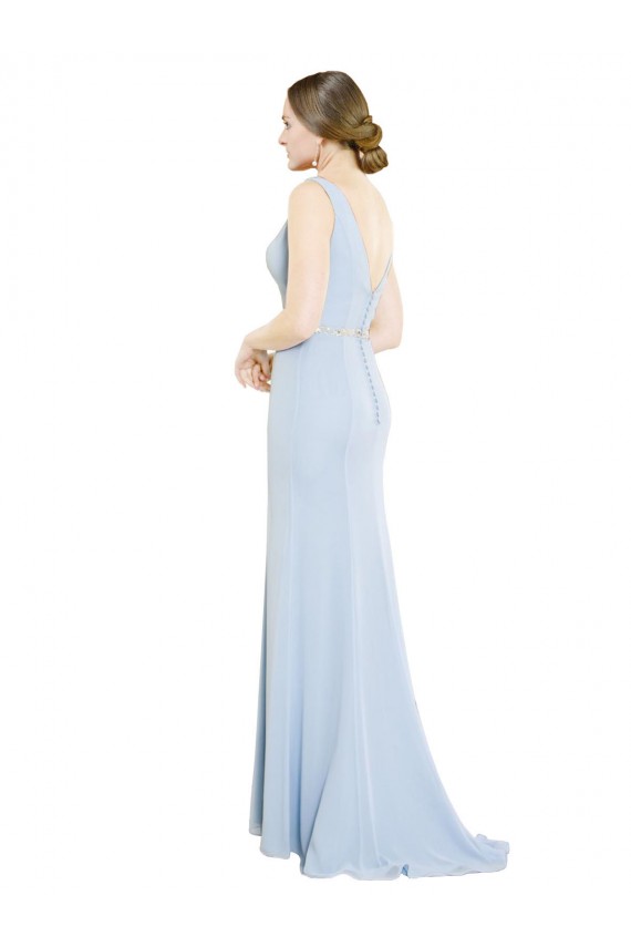 Outlet Bleu ciel clair Trapèze Col Bateau Col Haut Mousseline Longue Robes demoiselle d'honneur