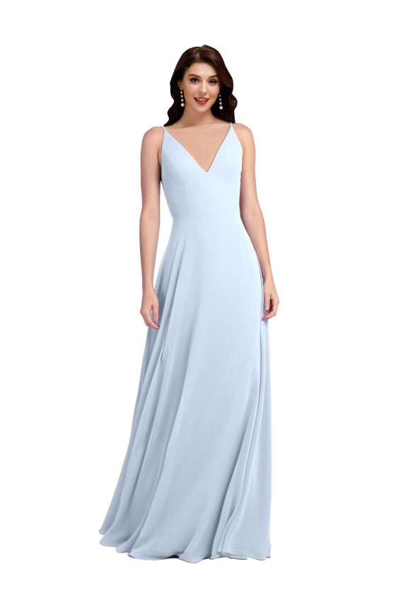 Outlet Bleu ciel clair Trapèze Col V Mousseline Longue Robes demoiselle d'honneur