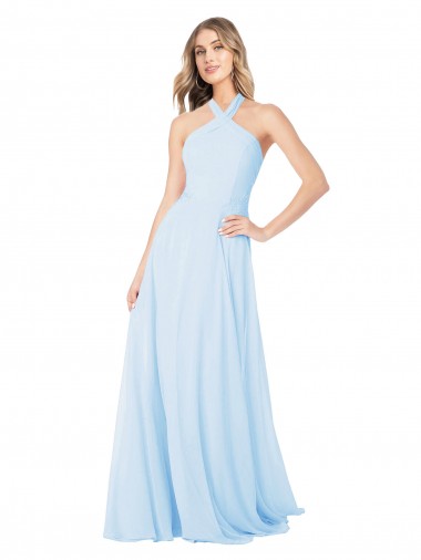 Outlet Bleu ciel clair Trapèze Licou Col Haut Mousseline Longue Robes demoiselle d'honneur