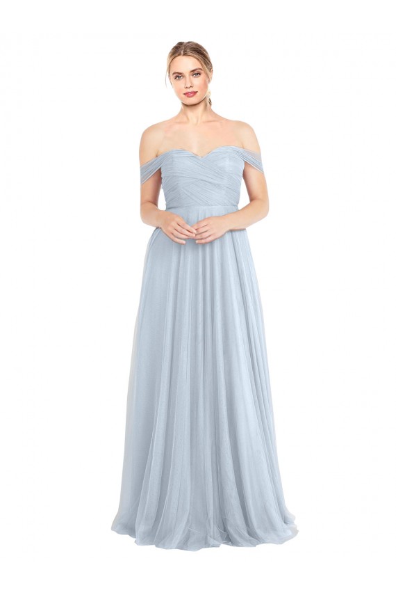 Outlet Bleu ciel clair Trapèze Épaule Dénudée Tulle Longue Robes demoiselle d'honneur