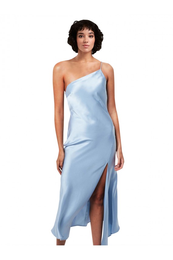 Outlet Bleu ciel clair Trapèze midi Satiné Soyeux Courte Robes demoiselle d'honneur / Robes de soirée / Robes de cocktail