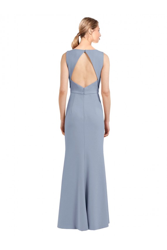 Outlet Bleu fumée Fourreau Col Bateau Col Haut Crêpe Stretch Longue Robes demoiselle d'honneur
