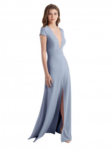 Outlet Bleu fumée Fourreau Col V Crêpe Stretch Longue Robes demoiselle d'honneur / Robes de bal