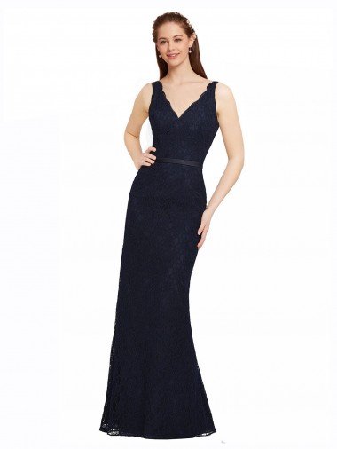 Outlet Bleu marine foncé Fourreau Col V Dentelle Longue Robes demoiselle d'honneur