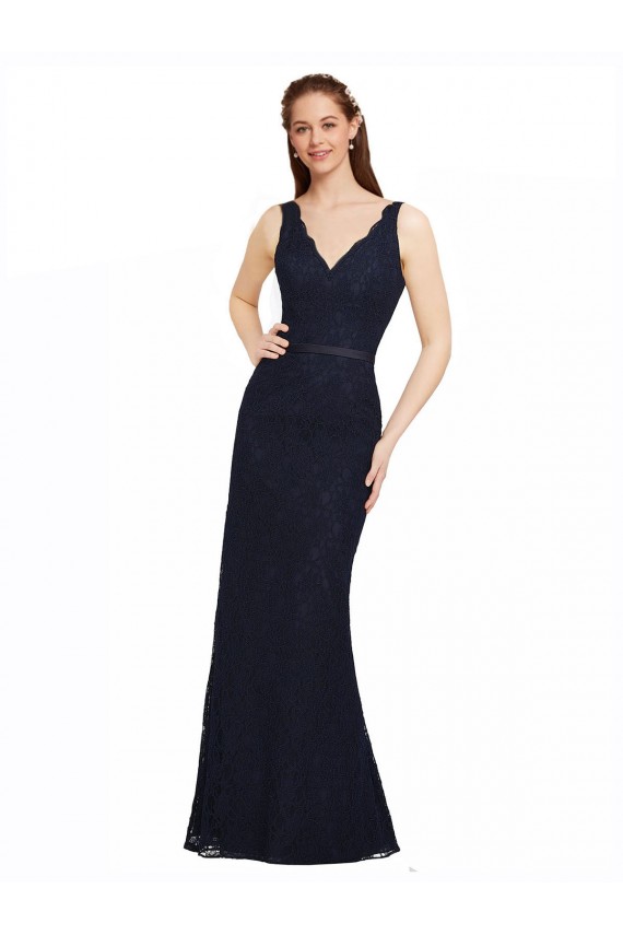 Outlet Bleu marine foncé Fourreau Col V Dentelle Longue Robes demoiselle d'honneur