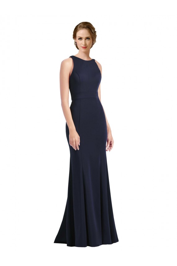 Outlet Bleu marine foncé Fourreau Scoop Col Haut Crêpe Stretch Longue Robes demoiselle d'honneur / Robes de bal