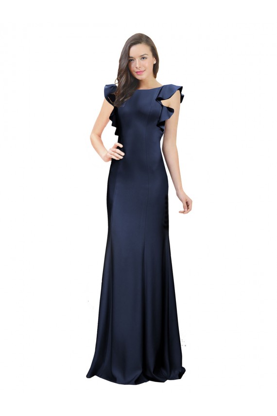 Outlet Bleu marine foncé Sirène Bateau Crêpe Stretch Longue Robes demoiselle d'honneur / Robes de bal