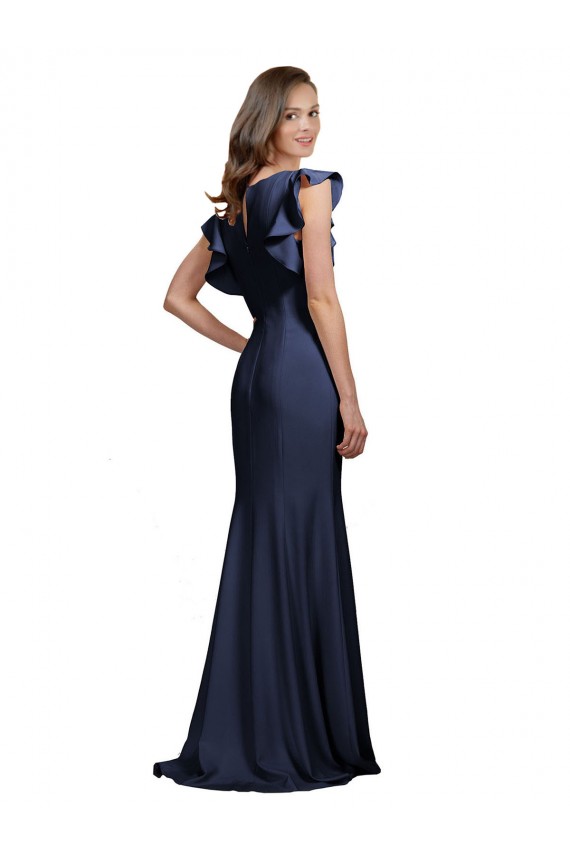 Outlet Bleu marine foncé Sirène Bateau Crêpe Stretch Longue Robes demoiselle d'honneur / Robes de bal