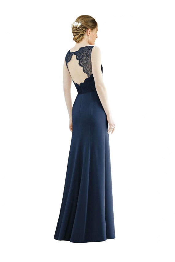 Outlet Bleu marine foncé Sirène Illusion Mousseline Dentelle Longue Robes demoiselle d'honneur