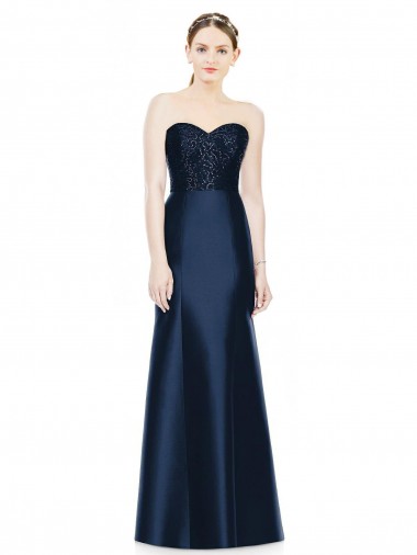 Outlet Bleu marine foncé Sirène Sans bretelle Satiné Longue Robes demoiselle d'honneur
