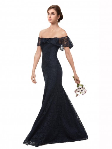 Outlet Bleu marine foncé Sirène Épaule Dénudée Dentelle Longue Robes demoiselle d'honneur / Robes de bal