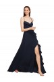Outlet Bleu marine foncé Trapèze Bretelles spaghetti Col V Mousseline Longue Robes demoiselle d'honneur