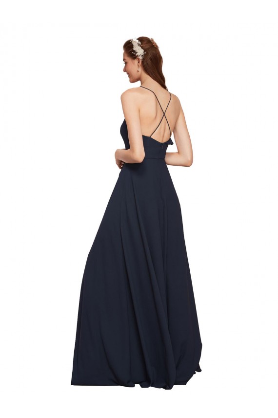 Outlet Bleu marine foncé Trapèze Bretelles spaghetti Col V Mousseline Longue Robes demoiselle d'honneur