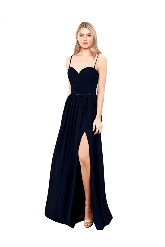 Outlet Bleu marine foncé Trapèze Bretelles spaghetti Mousseline Longue Formelles Robes demoiselle d'honneur / Robes de soirée