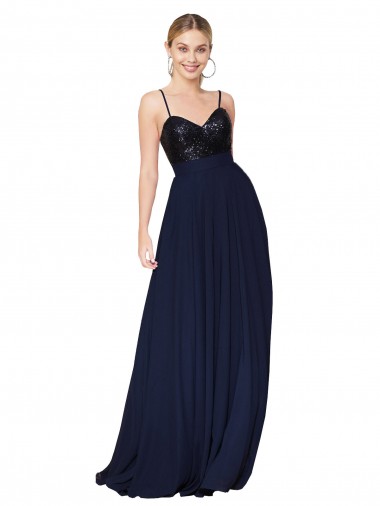 Outlet Bleu marine foncé Trapèze Bretelles spaghetti Mousseline Paillette Longue Robes demoiselle d'honneur / Robes de bal