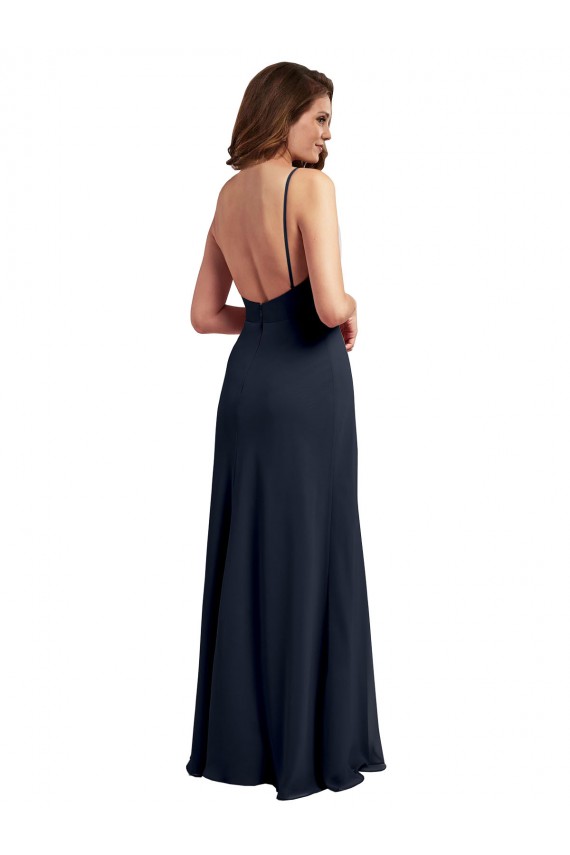 Outlet Bleu marine foncé Trapèze Bretelles spaghetti Scoop Mousseline Longue Robes demoiselle d'honneur