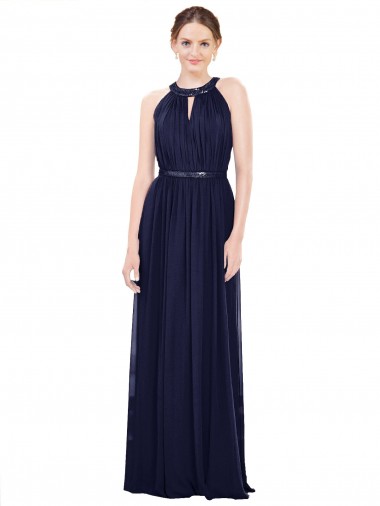Outlet Bleu marine foncé Trapèze Col Haut Mousseline Longue Robes demoiselle d'honneur