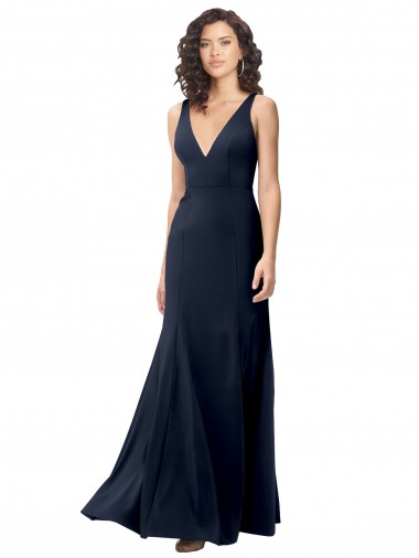 Outlet Bleu marine foncé Trapèze Col V Crêpe Stretch Longue Formelles Robes demoiselle d'honneur / Robes de soirée / Robes de bal
