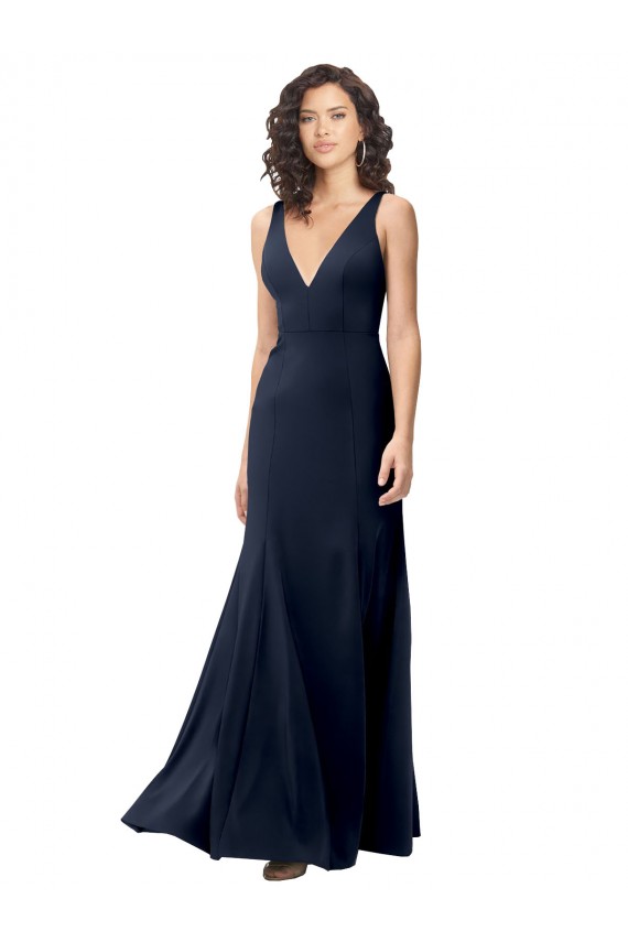 Outlet Bleu marine foncé Trapèze Col V Crêpe Stretch Longue Formelles Robes demoiselle d'honneur / Robes de soirée / Robes de bal