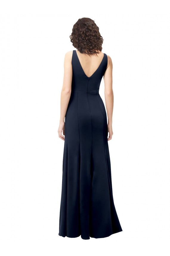Outlet Bleu marine foncé Trapèze Col V Crêpe Stretch Longue Formelles Robes demoiselle d'honneur / Robes de soirée / Robes de bal