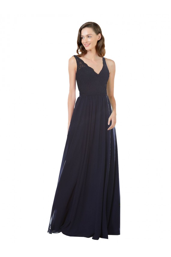 Outlet Bleu marine foncé Trapèze Col V Mousseline Dentelle Longue Robes demoiselle d'honneur