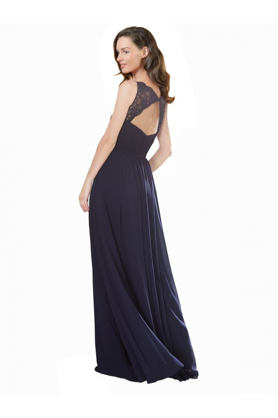 Outlet Bleu marine foncé Trapèze Col V Mousseline Dentelle Longue Robes demoiselle d'honneur