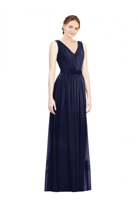 Outlet Bleu marine foncé Trapèze Col V Mousseline Longue Robes demoiselle d'honneur