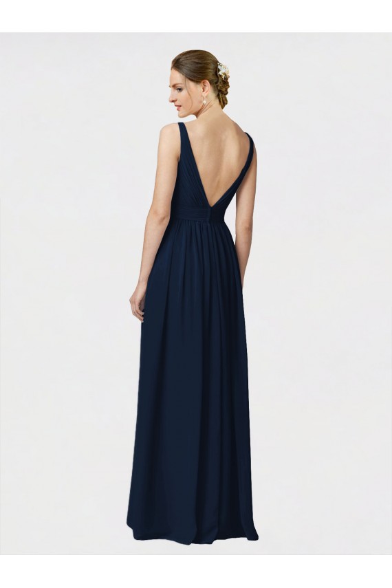 Outlet Bleu marine foncé Trapèze Col V Mousseline Longue Robes demoiselle d'honneur