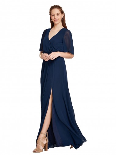 Outlet Bleu marine foncé Trapèze Col V Mousseline Longue Robes demoiselle d'honneur