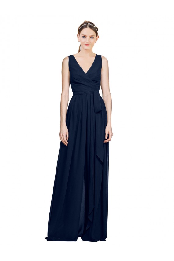 Outlet Bleu marine foncé Trapèze Col V Mousseline Longue Robes demoiselle d'honneur