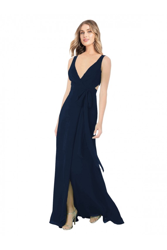 Outlet Bleu marine foncé Trapèze Col V Mousseline Longue Robes demoiselle d'honneur