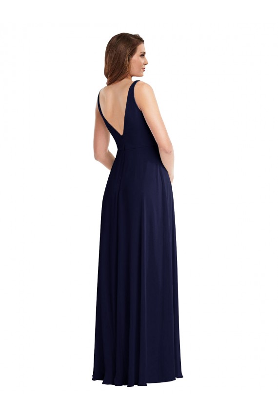 Outlet Bleu marine foncé Trapèze Col V Mousseline Longue Robes demoiselle d'honneur