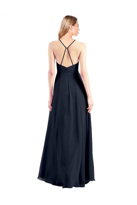Outlet Bleu marine foncé Trapèze Col V Mousseline Longue Robes demoiselle d'honneur / Robes de bal