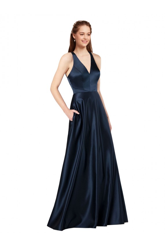 Outlet Bleu marine foncé Trapèze Col V Satiné Longue Formelles Robes demoiselle d'honneur / Robes de soirée / Robes de bal