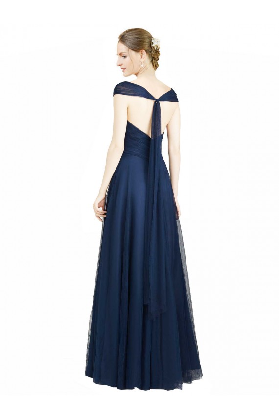 Outlet Bleu marine foncé Trapèze Col V Tulle Longue Robes demoiselle d'honneur