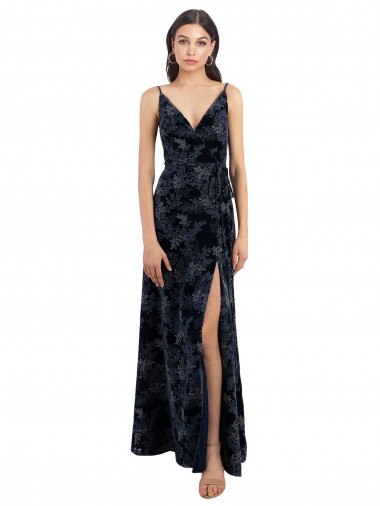 Outlet Bleu marine foncé Trapèze Col V Velours Floral Velours Stretch Longue Robes demoiselle d'honneur