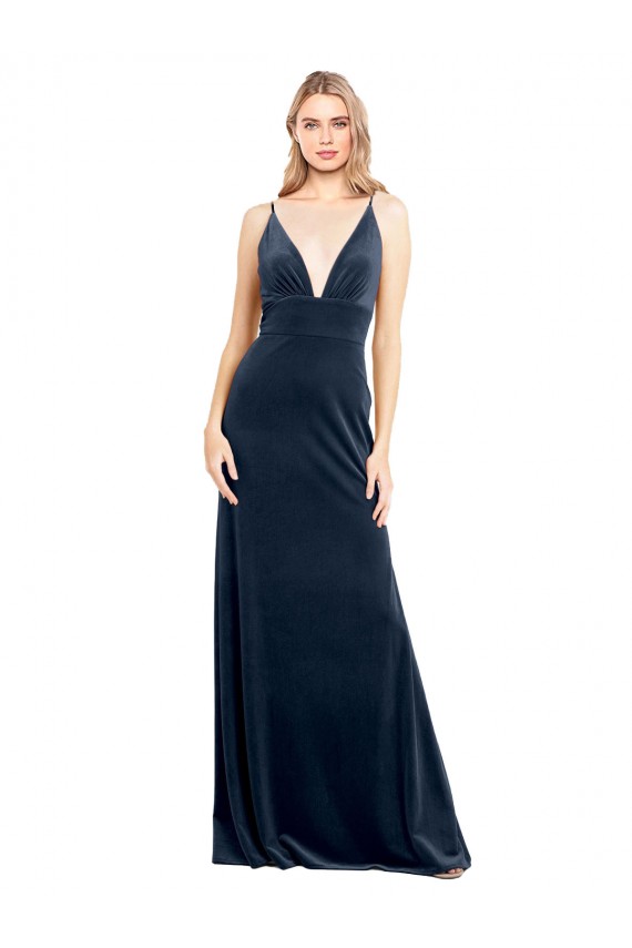 Outlet Bleu marine foncé Trapèze Col V Velours Stretch Longue Robes demoiselle d'honneur / Robes de bal