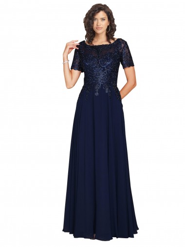 Outlet Bleu marine foncé Trapèze Col rond Mousseline Longue Robes demoiselle d'honneur / Robes de bal